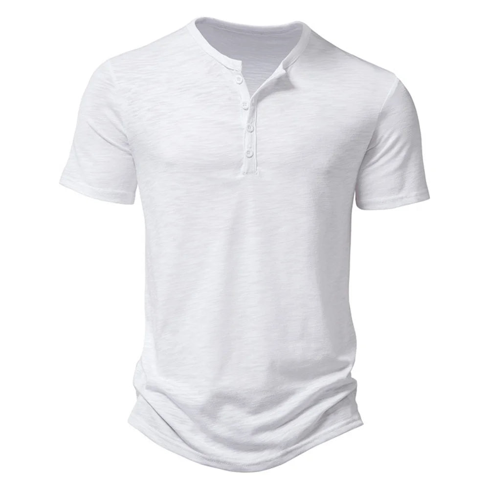 Weißes Herren-Henley-Shirt, kurzärmelig, Baumwolle, Knopfleiste, lässig, modisch.