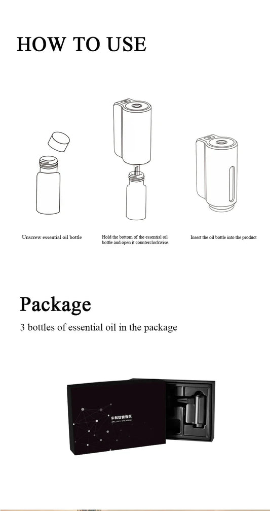 Schwarze Verpackung mit drei Flaschen ätherisches Öl, Anleitung zur Verwendung, stilvolles Design.