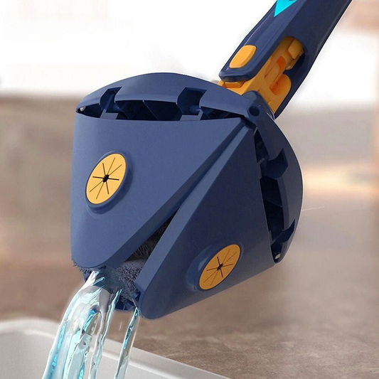 Blauer faltbarer Wischmopp mit Wasserablauf, Reinigungswerkzeug für Böden, Kunststoff.