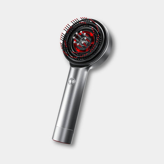 Graue elektrische Kopfhaut-Massagebürste mit LED-Lichttherapie, Entspannungsgerät.