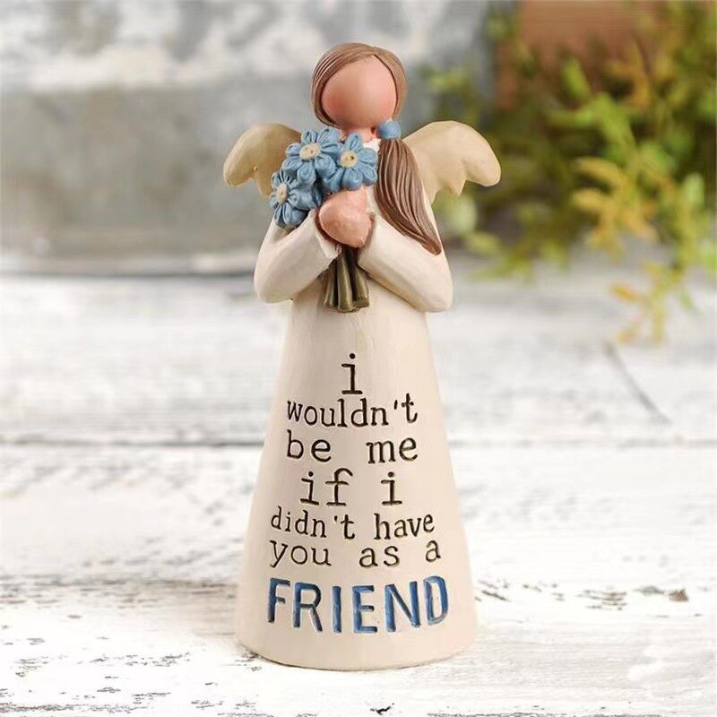 Engel-Figur mit Blumenstrauß, cremefarben, Zitat "I wouldn't be me if I didn't have you as a friend".