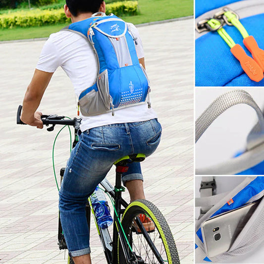 Mann mit blauem Fahrradrucksack, Radfahren, Outdoor-Sport, leicht, wasserdicht, ergonomisch.