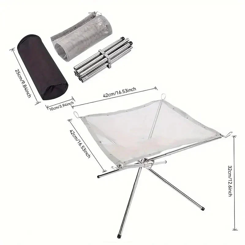 Tragbarer faltbarer Feuerstellen-Grill aus Edelstahl, kompakt, leicht, ideal für Camping.