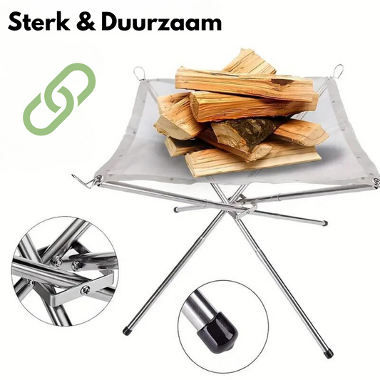 Tragbarer Feuerkorb aus Edelstahl mit Holzscheiten, faltbar, robust, langlebig.