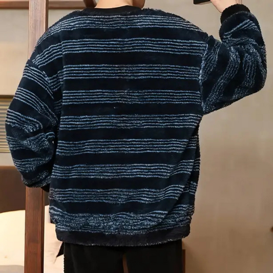 Dunkelblauer gestreifter Fleece-Pullover, Herrenmode, warm, bequem, lässig.