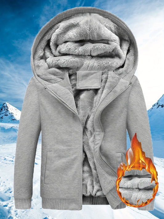 Grauer Herren-Wintermantel mit Kapuze, Fleece-Innenfutter, warm, modisch, Outdoor-Bekleidung.