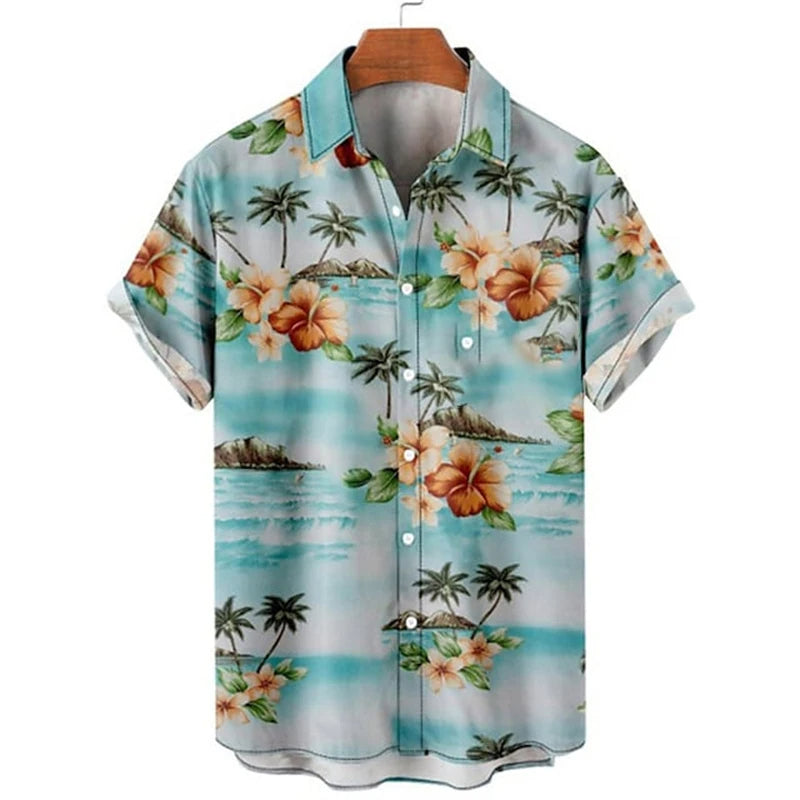 Herren Hawaiihemd, blau, tropisches Blumenmuster, Kurzarm, Sommermode, Freizeitkleidung.