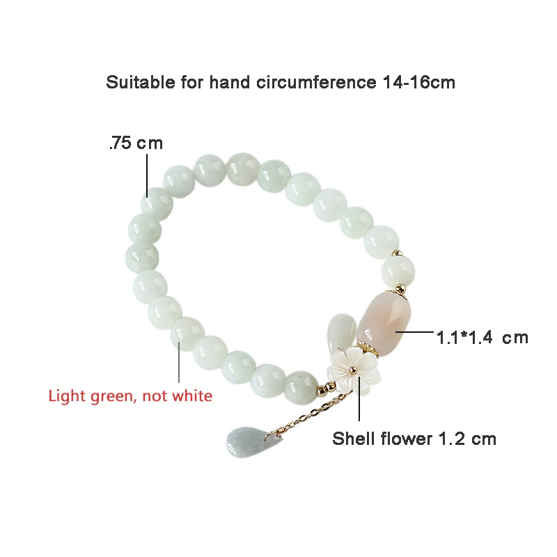 Jade-Armband mit Muschelblume, hellgrün, für Handgelenkumfang 14-16 cm, Schmuck Damen.