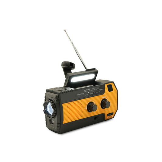 Tragbares Notfallradio mit Kurbel, Solarpanel, LED-Taschenlampe, USB-Ladegerät, gelb-schwarz.