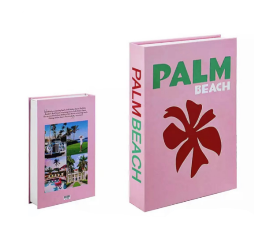 Zwei rosa Bücher mit "Palm Beach" Titel, tropisches Design, Hardcover, Dekoration.