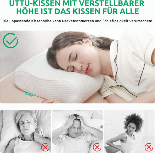 Frau schläft auf verstellbarem UTTU-Kissen, ergonomisch, weiß, Nackenschmerzen vorbeugen.