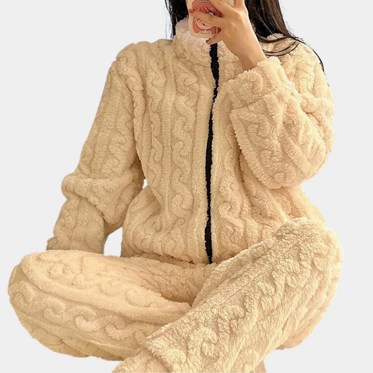 Flauschiger beiger Fleece-Pyjama-Set für Damen, gemütlich, warm, Reißverschluss, Winterkleidung.
