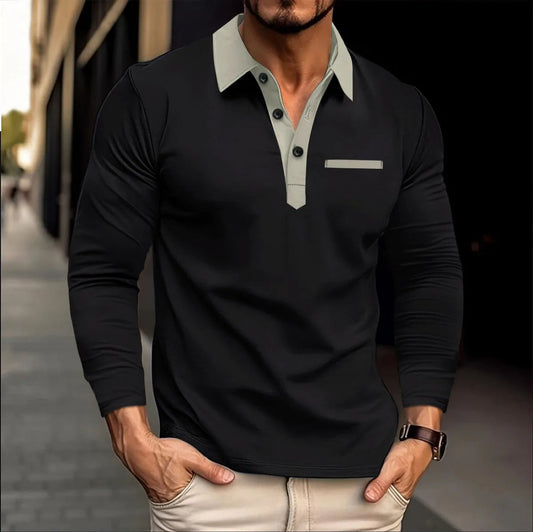 Männer Langarmshirt schwarz, Polokragen, Freizeitmode, Baumwolle, stilvoll, modern, elegant.