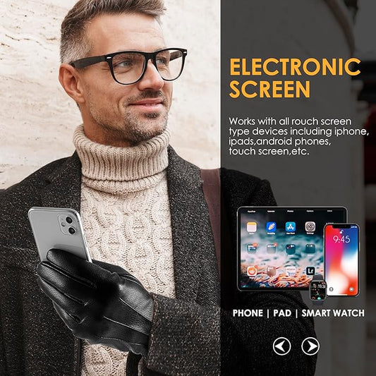 Mann mit Smartphone, trägt schwarze Touchscreen-Handschuhe, geeignet für iPhone und iPad.