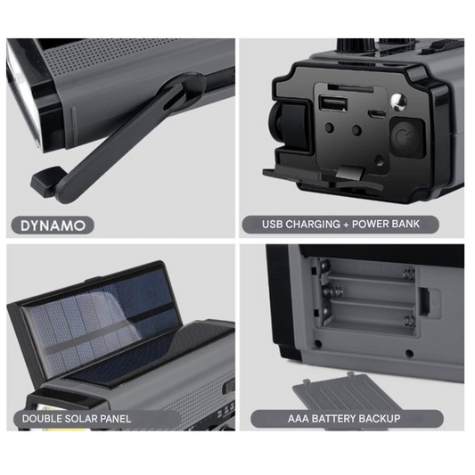 3-v-1 nouzová rádia s dynamem, solárními články a powerbankou - SafeWave