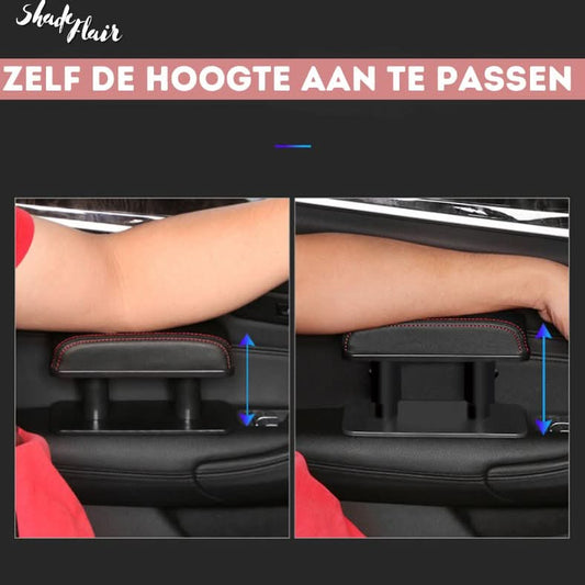 Verstellbare schwarze Auto-Armlehne, rutschfest, Komfort, rote Nähte, ergonomisch.