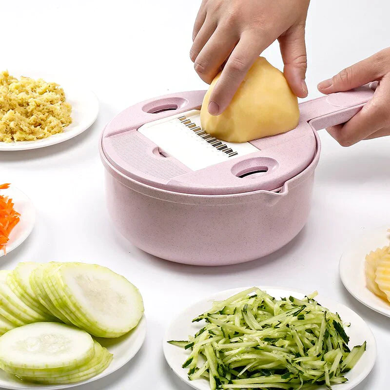 Multifunktionale Gemüseschneider, rosa, mit Sieb, ideal für Kartoffeln, Karotten, Küchenzubehör.
