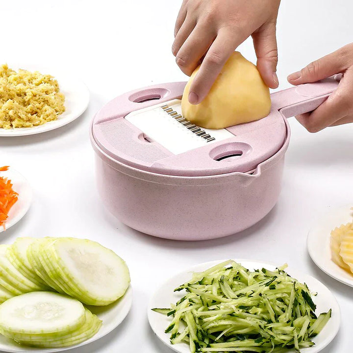Multifunktionale Gemüseschneider, rosa, mit Sieb, ideal für Kartoffeln, Karotten, Küchenzubehör.