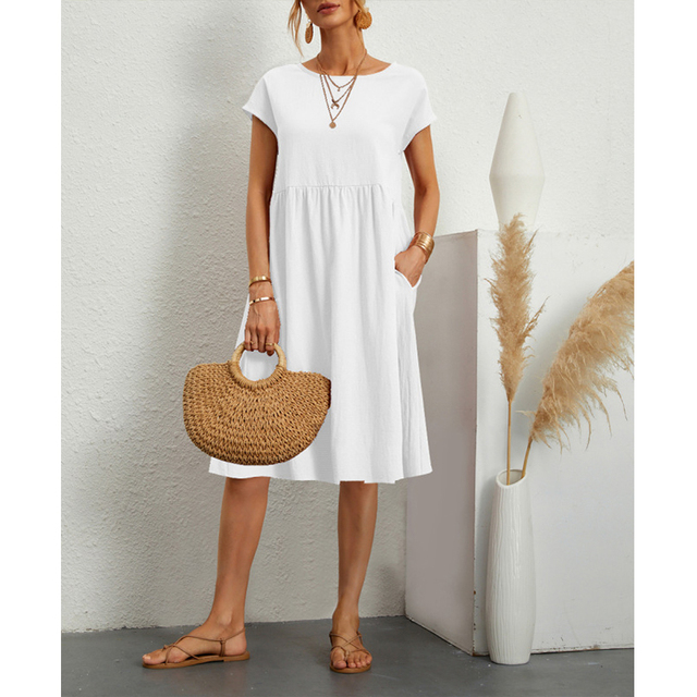 Weiße Damen Sommerkleid, A-Linie, Baumwolle, Leinen, Boho-Stil, kurze Ärmel, Strandmode.