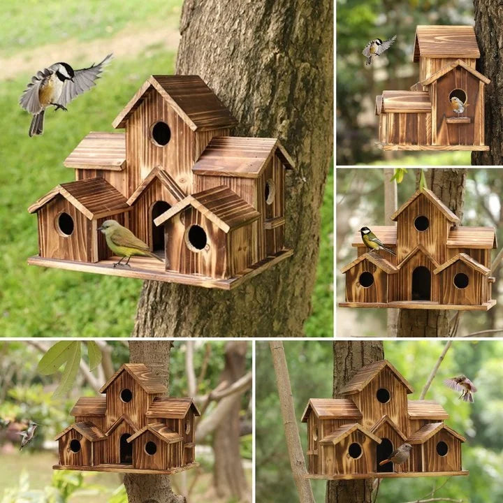 Holz-Vogelhaus, mehrstöckig, braun, an Baum befestigt, ideal für Gartenvögel, Naturdeko.