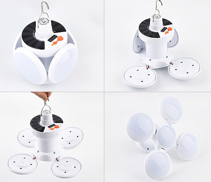 Weiße LED-Solarlampe mit faltbaren Panels, tragbar, für Camping und Outdoor-Aktivitäten.