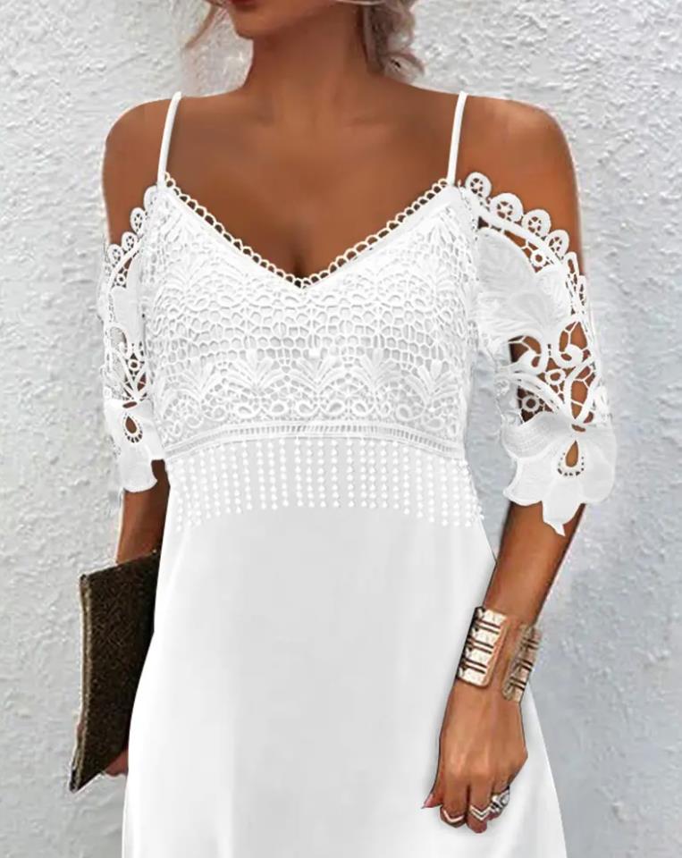 Weiße Spitzenbluse Damen, schulterfrei, Sommermode, elegant, lässig, Boho-Stil, Baumwolle.