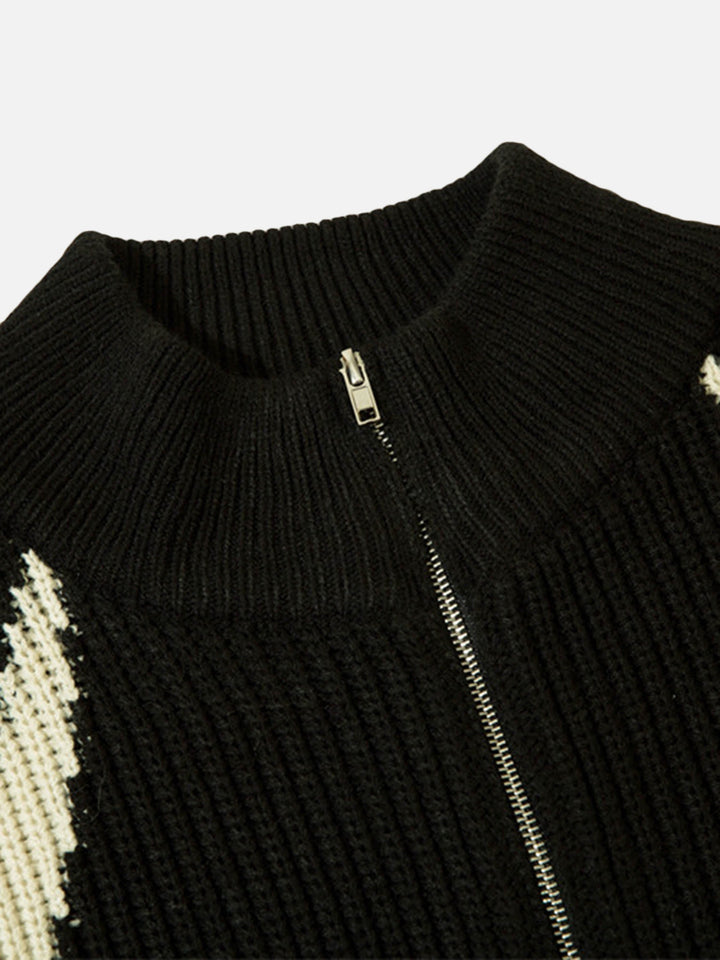 Schwarze Strickjacke mit Reißverschluss, gerippter Kragen, modisches Design, Herrenmode.