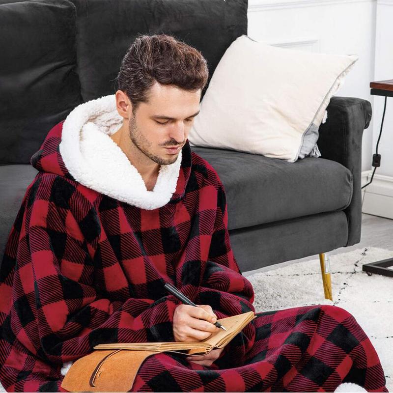 Roter kariert Hoodie-Decke, Sherpa-Futter, gemütlich, warm, ideal für Zuhause, Herrenmode.