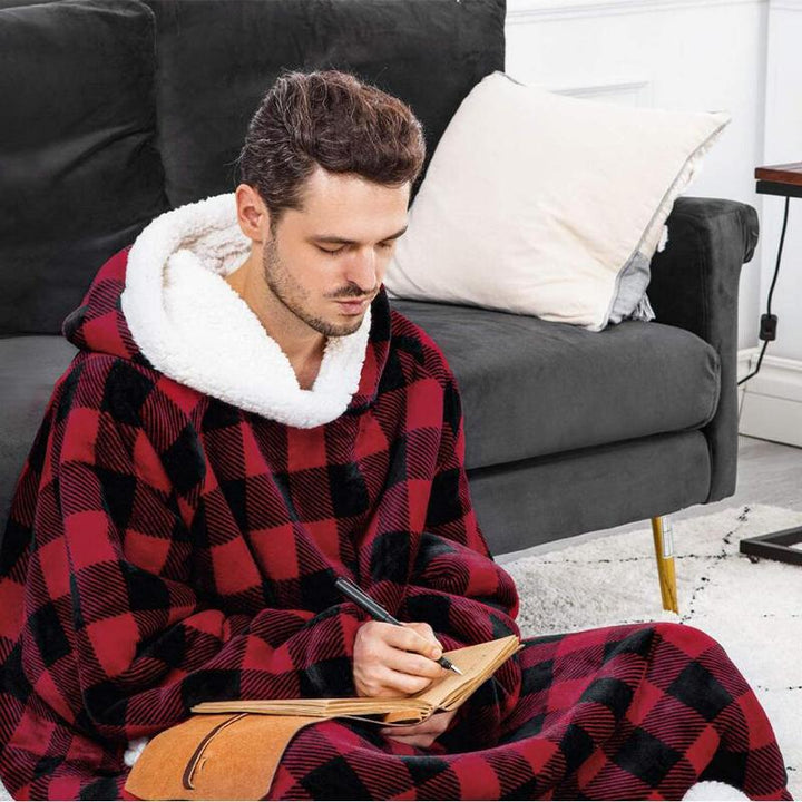 Roter kariert Hoodie-Decke, Sherpa-Futter, gemütlich, warm, ideal für Zuhause, Herrenmode.