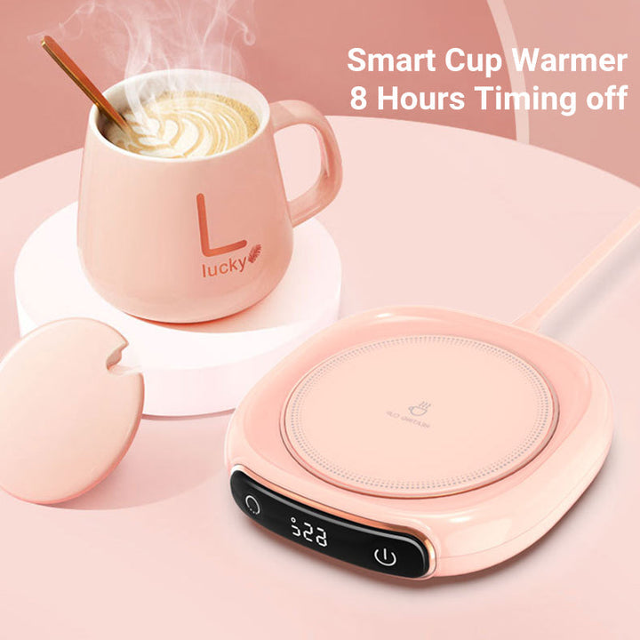 Rosa Tassenwärmer mit Timer, digitalem Display, ideal für Kaffee oder Tee, modernes Design.