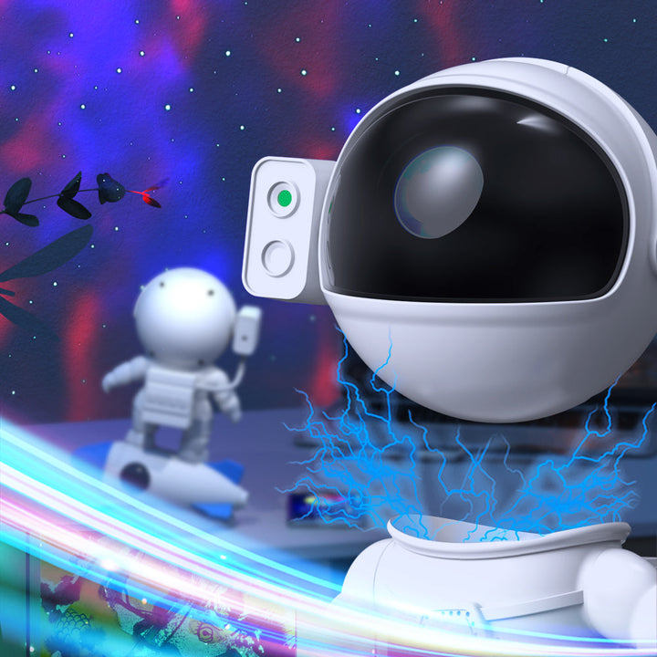 Futuristischer weißer Roboter mit Kamera, leuchtende Effekte, Weltraumhintergrund, Spielzeug.