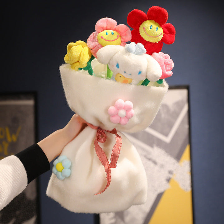 Plüschblumenstrauß mit bunten Blumen und weißem Stoffbeutel, Geschenkidee, Dekoration.