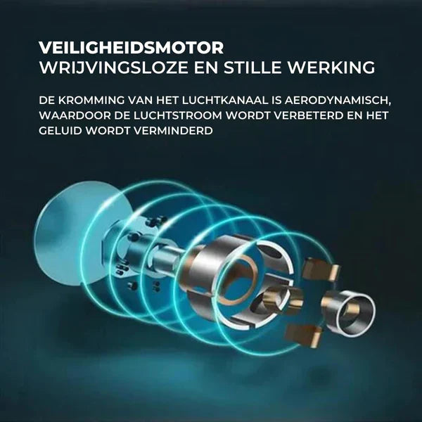 Sicherheitsmotor mit geräuschloser, aerodynamischer Luftstromtechnologie, blau.