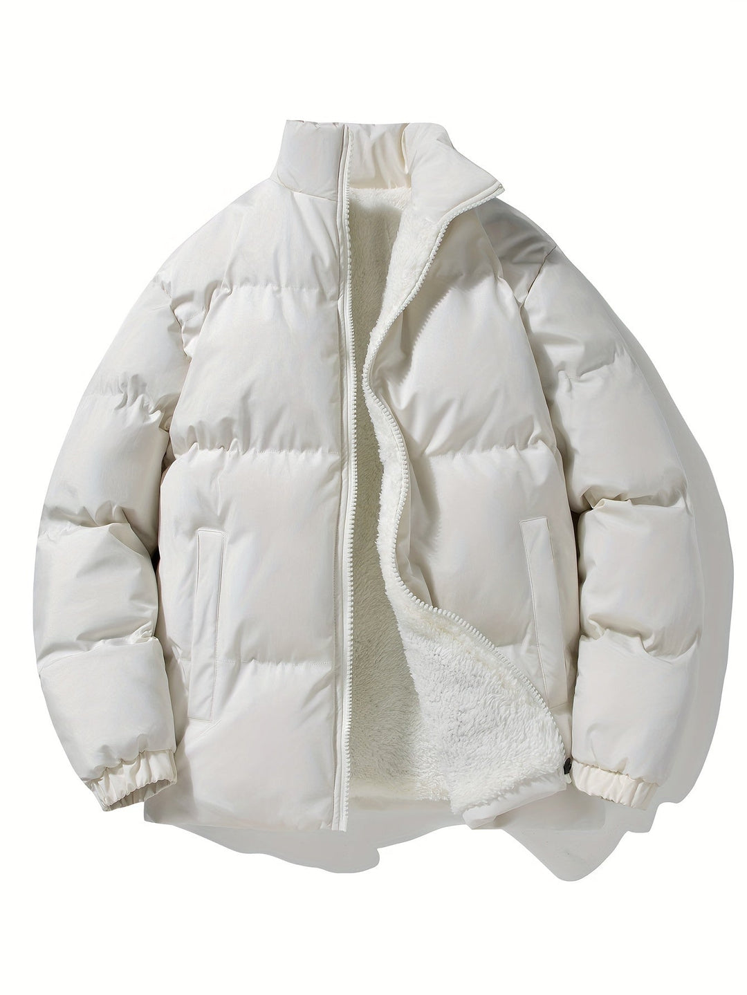 Weiße Daunenjacke mit Reißverschluss, warmes Futter, Wintermode, Unisex, stilvoll und bequem.