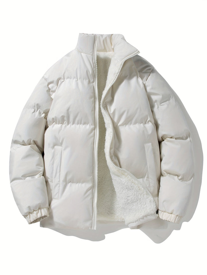 Weiße Daunenjacke mit Reißverschluss, warmes Futter, Wintermode, Unisex, stilvoll und bequem.