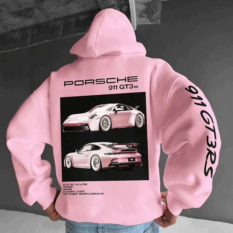 Rosa Kapuzenpullover mit Porsche 911 GT3 RS Druck, Auto-Motiv, Herrenmode, Streetwear.