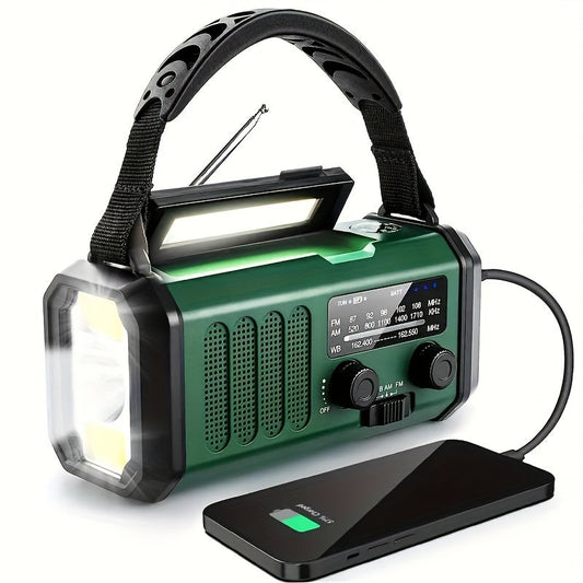 Tragbares Notfallradio grün mit LED-Licht, Solarpanel, Handkurbel, USB-Ladefunktion.