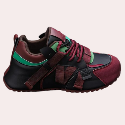 Modischer Sneaker, rot-schwarz, Leder, Textil, Herren, sportlich, bequem, trendig, Freizeit.