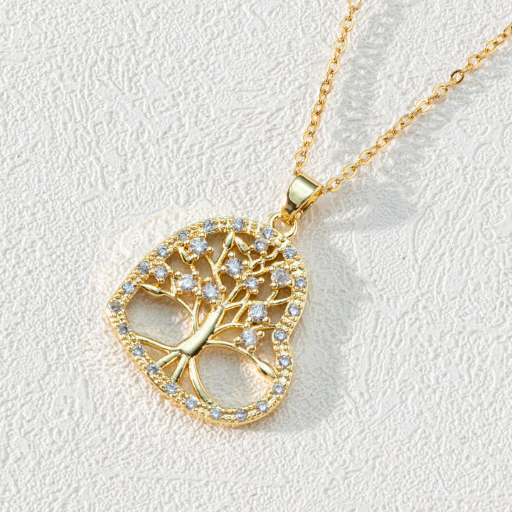Goldener Lebensbaum-Anhänger mit Zirkonia, Herzform, filigranes Design, Damen-Halskette.