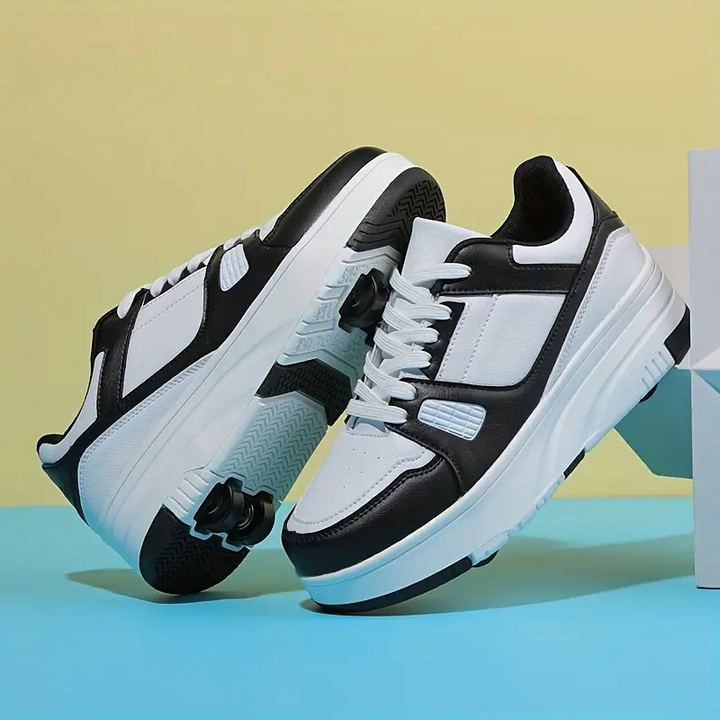 Schwarze und weiße Sneaker, Leder, sportlich, rutschfeste Sohle, modisch, Unisex-Schuhe.