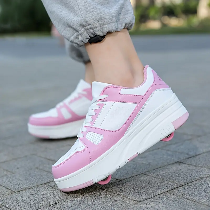 Rosa-weiße Rollschuhe Sneaker, Damen, sportlich, bequem, Outdoor, Freizeit, modisch.