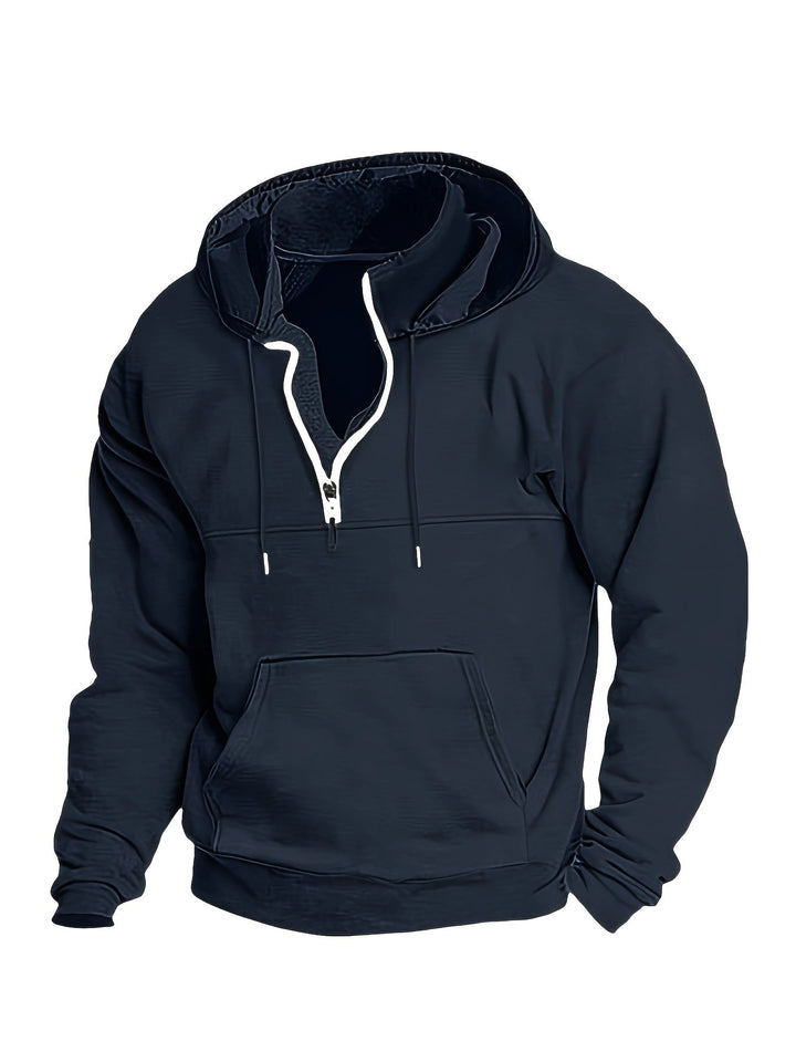Schwarzer Kapuzenpullover mit Reißverschluss, Baumwolle, Unisex, modisch, bequem, Freizeitkleidung.
