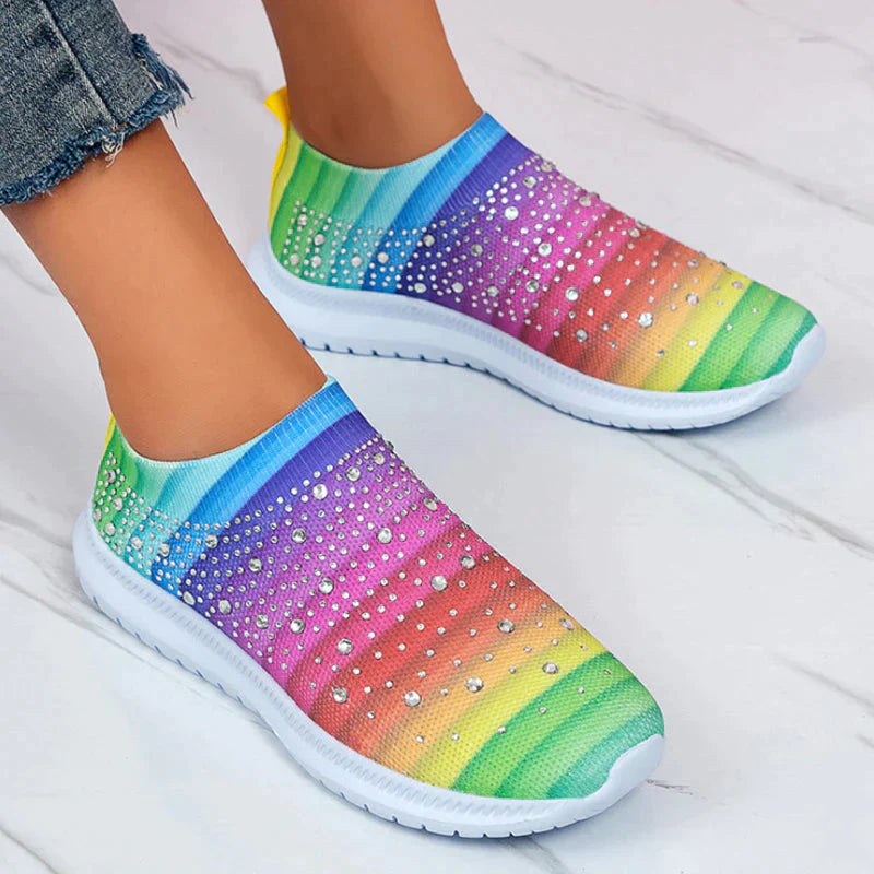 Bunte Damen-Sneaker mit Strass, Regenbogenfarben, bequem, modisch, Freizeit, rutschfest.