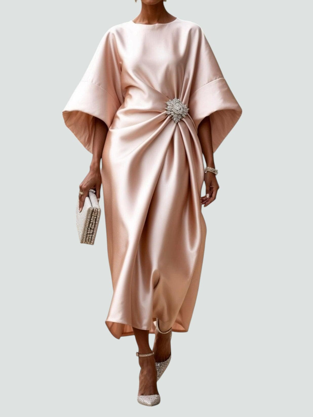 Women's Draped Brooch Maxi Dress – Cape Sleeve Gown for Formal Events 5
