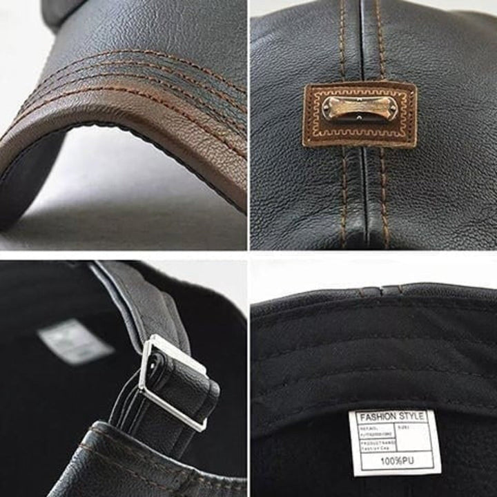 Schwarze Lederkappe mit verstellbarem Riemen, braunen Nähten, modischem Design, 100% PU.