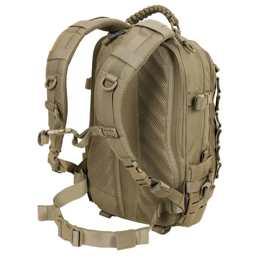 Taktischer Rucksack, beige, mit verstellbaren Gurten, robustem Material, ideal für Outdoor-Aktivitäten.