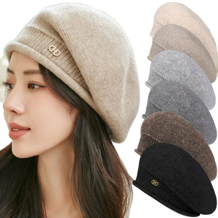Damen Baskenmütze aus Wolle, beige, mit Logo, modisches Accessoire, Herbst-Winter Hut.