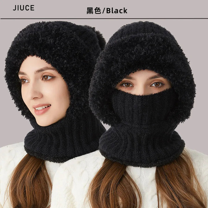 Schwarze Strickmütze mit Schal, Damen Wintermode, warm, flauschig, vielseitig einsetzbar.