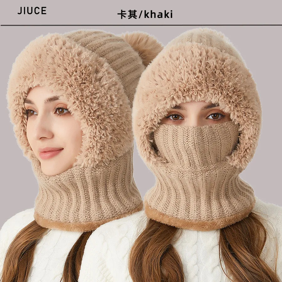 Damen Strickmütze mit Schal, beige, warm, Winteraccessoire, modisch, kuschelig, JIUCE.