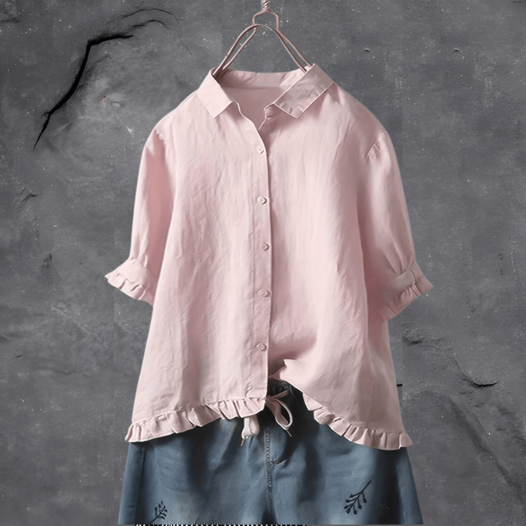 Rosa Damenbluse aus Baumwolle mit Rüschen, elegant, knitterfrei, für Büro und Freizeit.